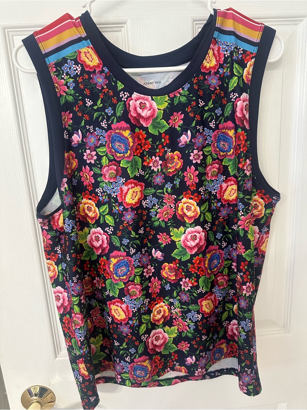 Johnny Was Navy Floral V-Neck Active Tank Top with Pink and Green Blooms